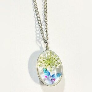 White Pressed Flower Butterfly Glass Pendant Necklace